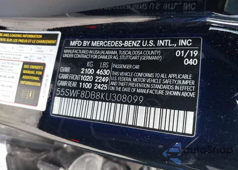 2019 Mercedes-Benz C 300 z USA, uszkodzony, nr VIN 55SWF8DB8KU308099